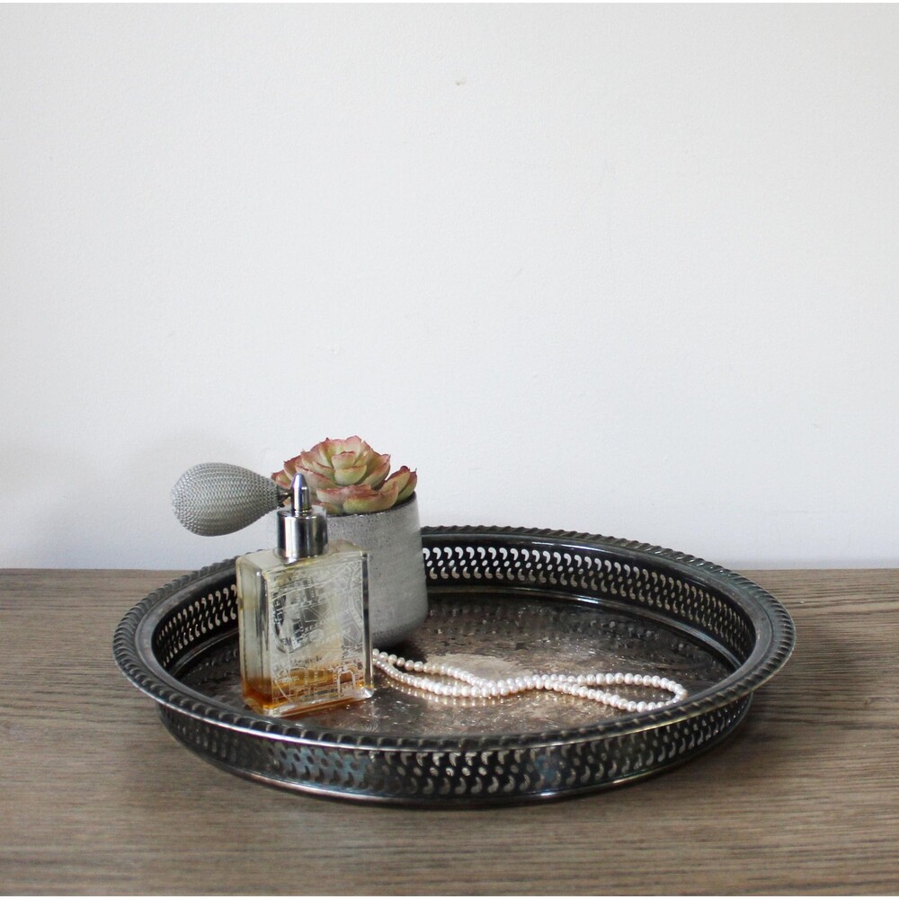 Vintage 12.5" Silver Plated Gallery Tray Pierced Round Silver Cocktail Tray